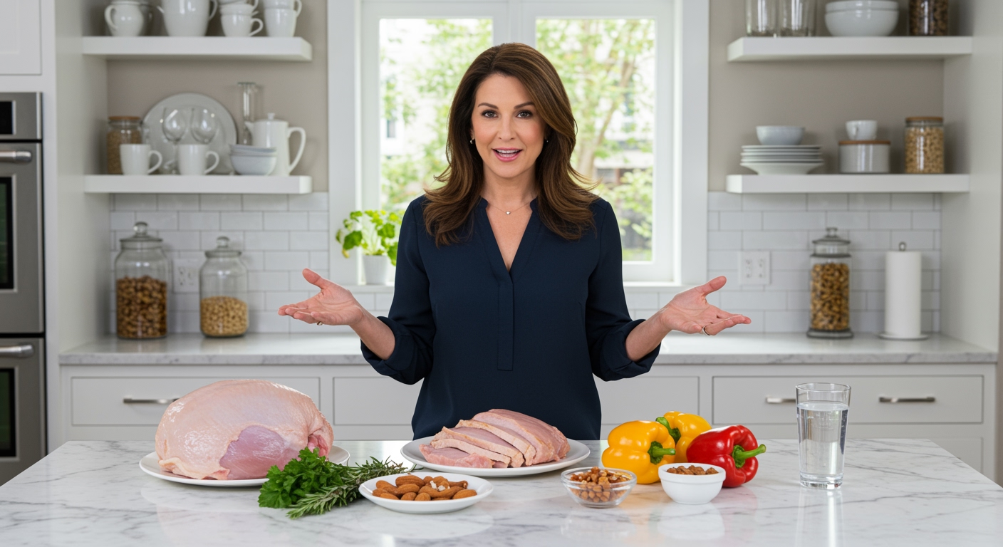 Middle-aged woman standing behind marble counter with turkey breast, sliced meat, herbs, vegetables in bright modern kitchen