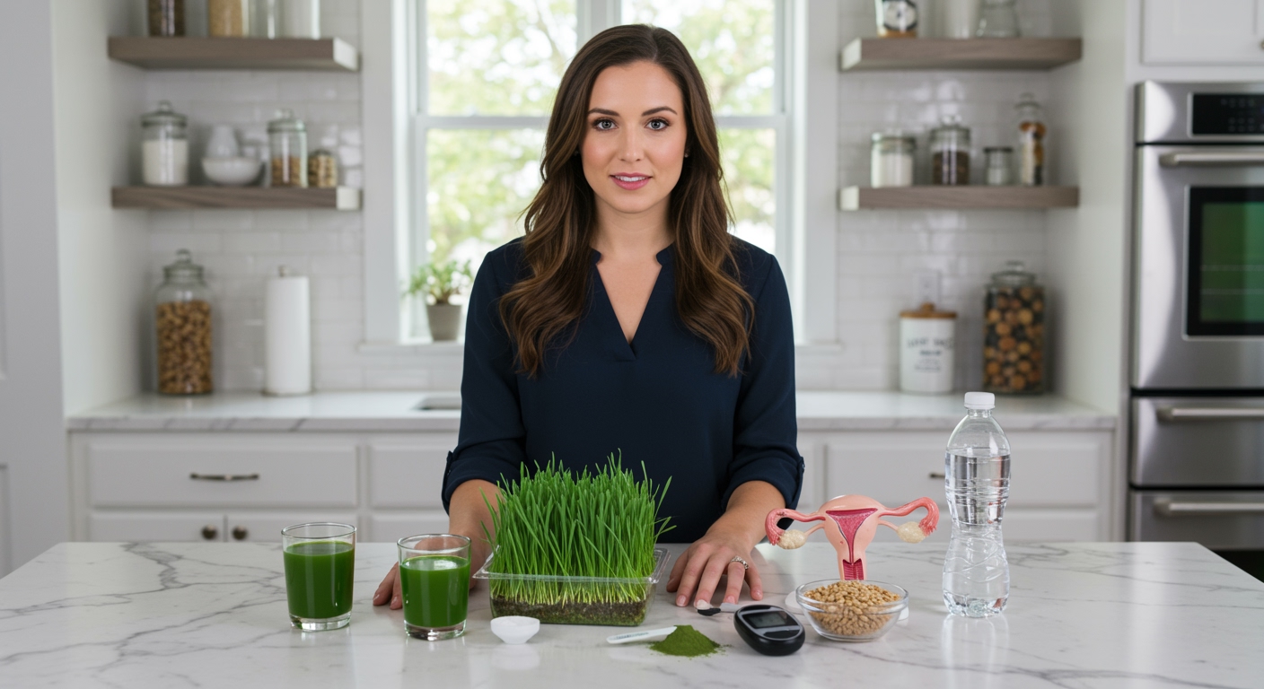 Young woman standing behind marble counter with wheatgrass juice, fresh shoots, ovary model, glucose meter and health items in bright kitchen