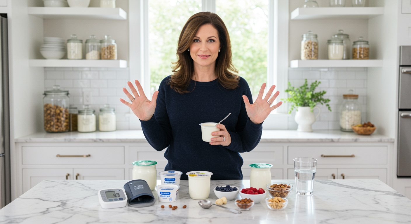 Middle-aged woman holding yogurt container and spoon behind marble counter with blood pressure monitor and healthy foods visible