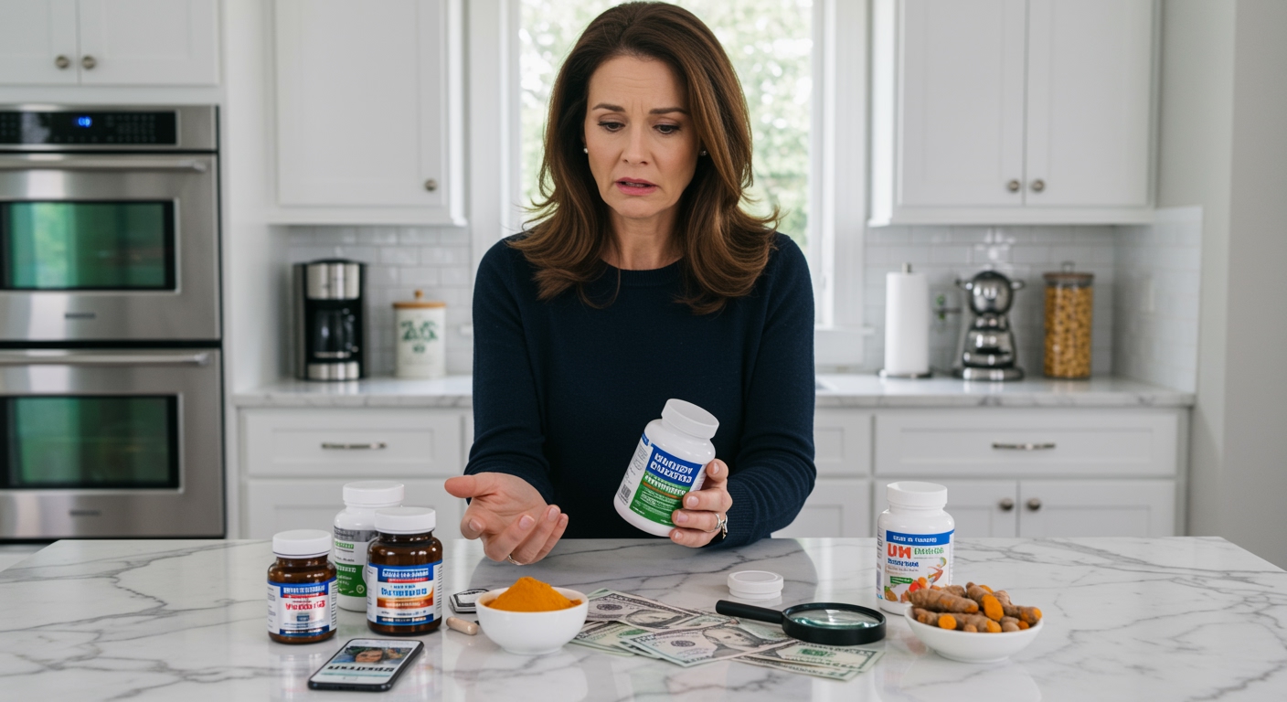 Woman examining supplement bottles on marble countertop with turmeric powder, money, and smartphone in modern kitchen