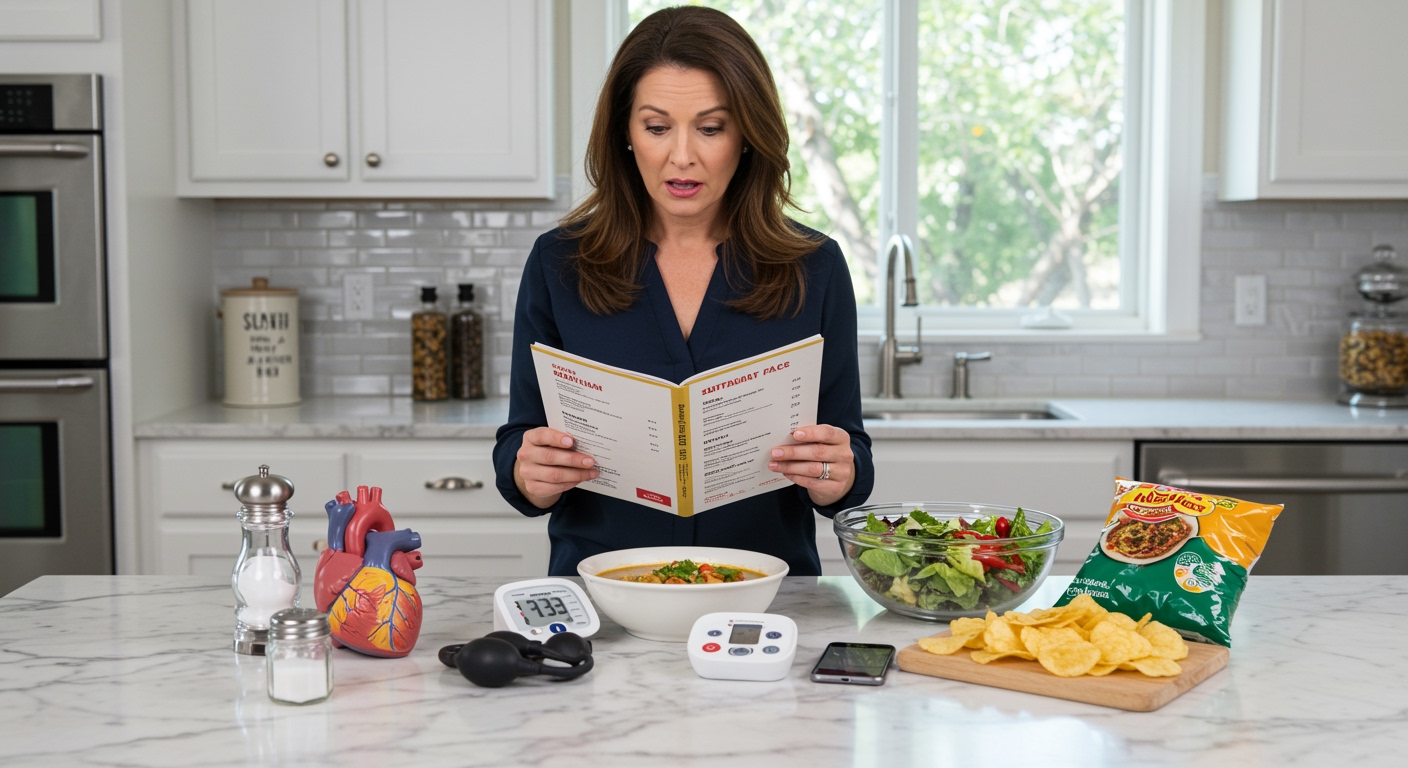 Woman reading restaurant menu while standing behind marble counter with salt shaker, heart model, and various foods displayed
