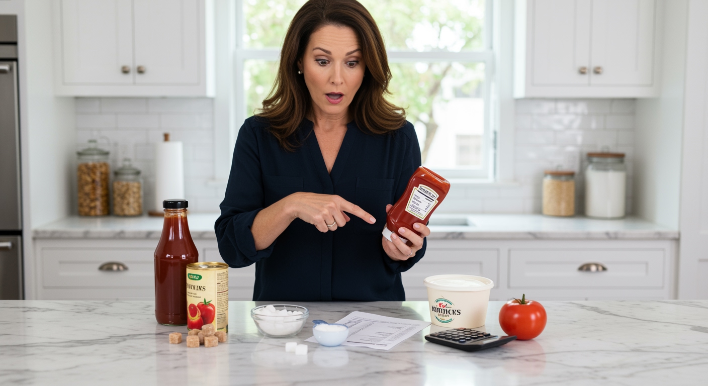 Woman holding ketchup bottle while examining nutrition label with sugar cubes and ice cream container on marble countertop