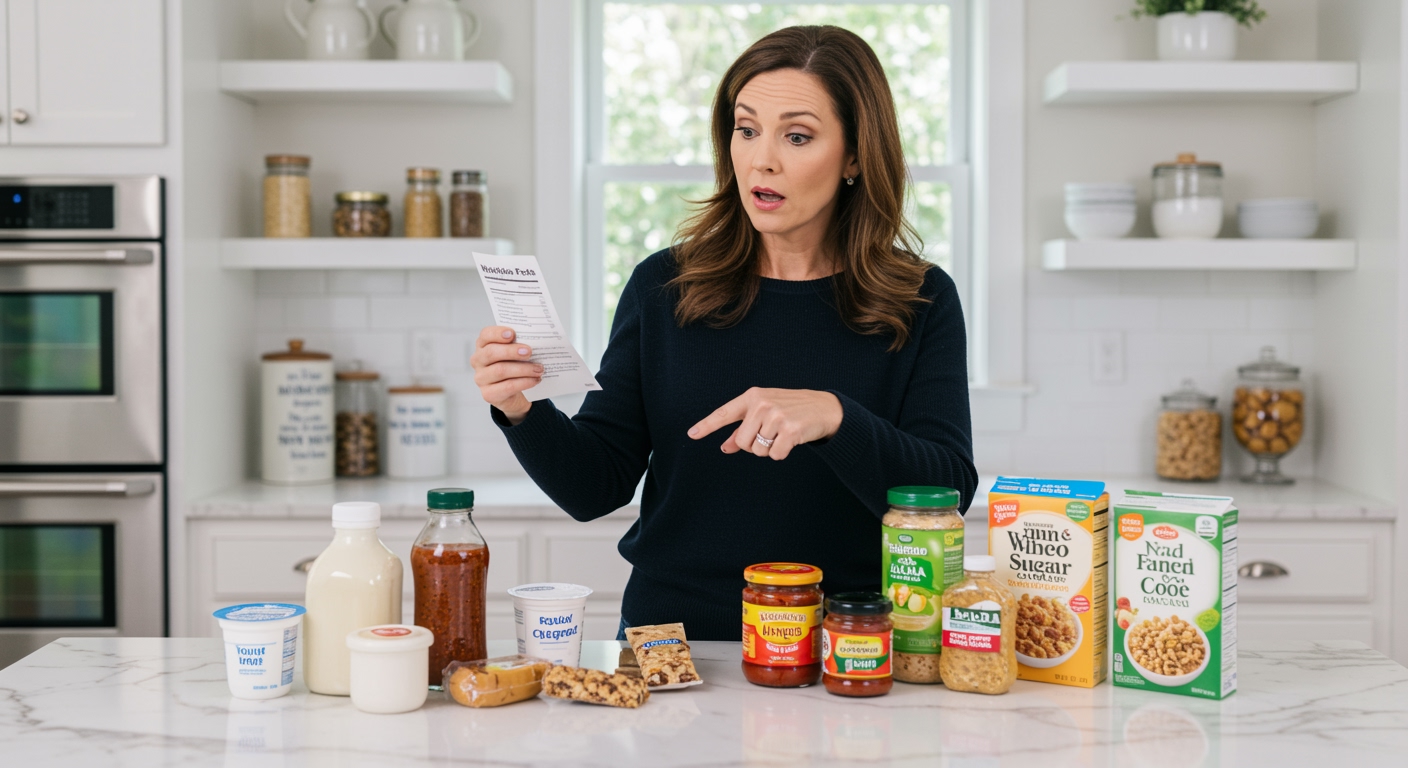 Woman examining nutrition labels while standing behind kitchen counter with processed food items including yogurt and cereal boxes