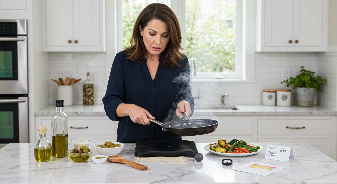 Woman examining smoking olive oil pan on marble countertop with temperature measuring tools and cooking ingredients visible