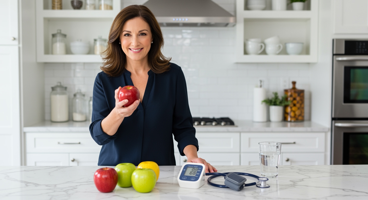 Middle-aged woman holding red apple behind marble counter with blood pressure monitor and medical equipment in modern kitchen