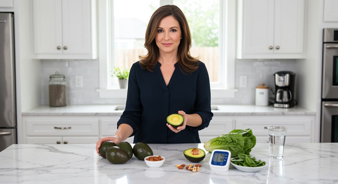 Middle-aged woman holding halved avocado behind marble counter with whole avocados, blood pressure monitor, and healthy foods