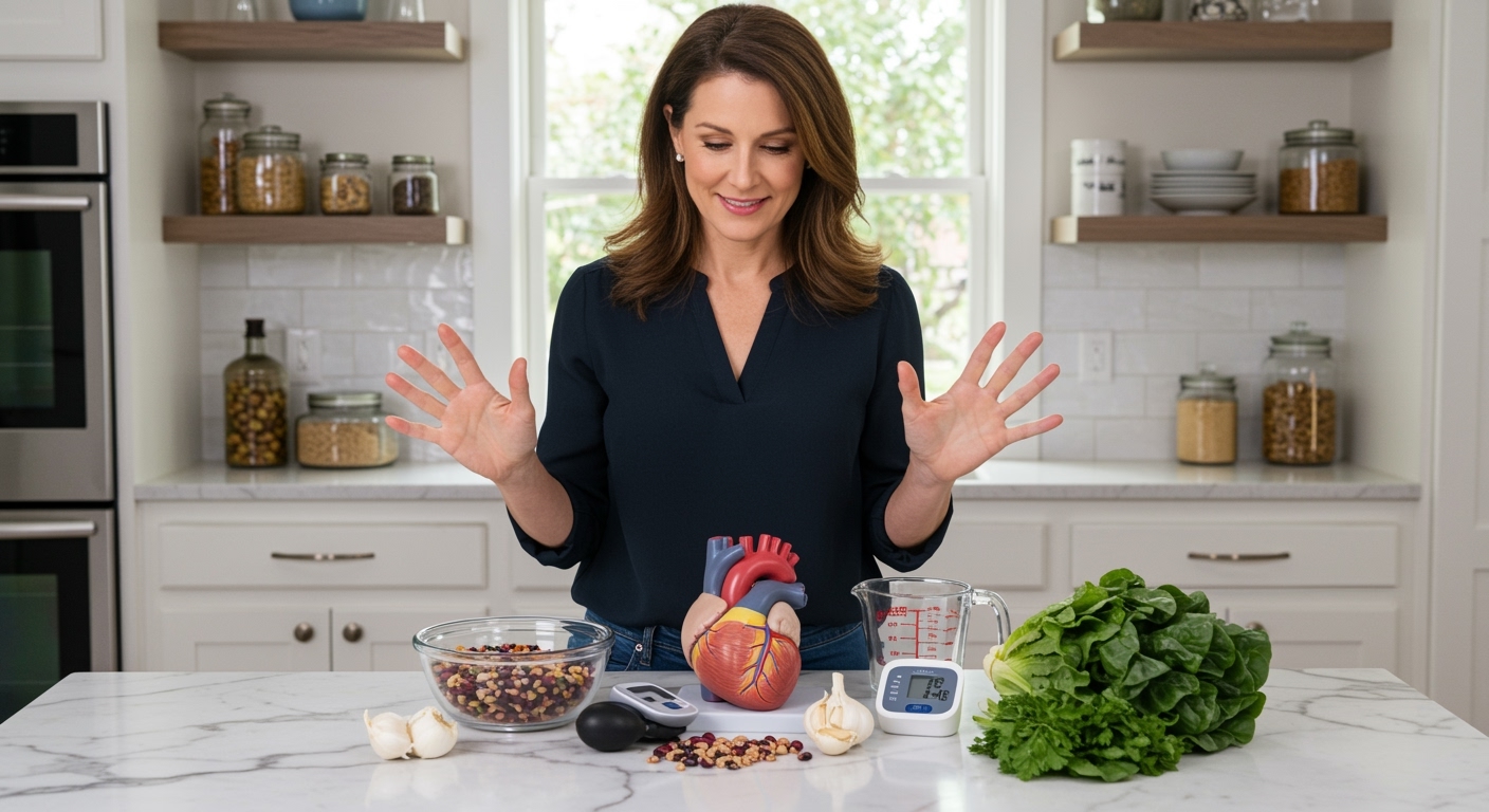 Woman gesturing toward bowl of mixed beans and anatomical heart model on white marble counter with blood pressure monitor visible