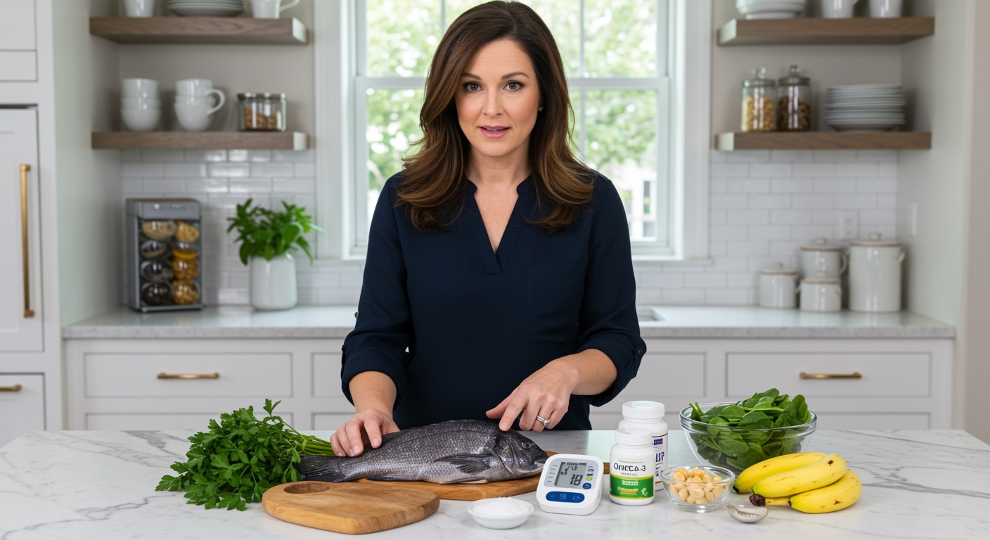 Woman pointing to fresh black sea bass on marble counter with blood pressure monitor and heart-healthy foods in modern kitchen