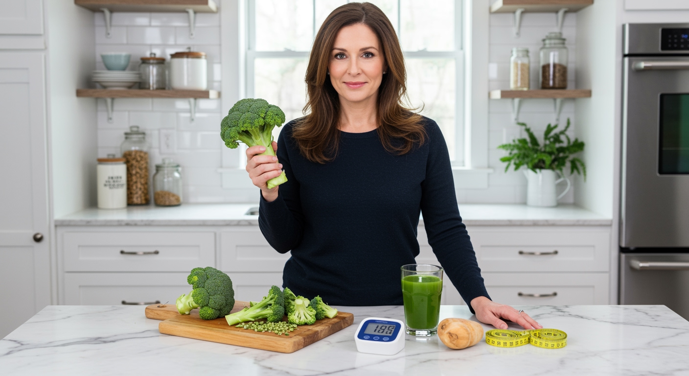 Woman holding fresh broccoli standing behind marble counter with blood pressure monitor and health items in modern kitchen