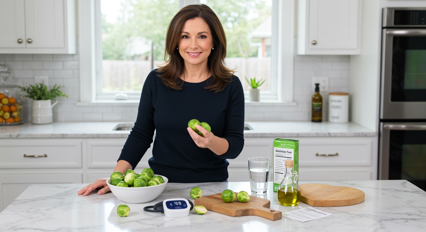Woman holding Brussels sprout behind marble counter with blood pressure monitor and healthy foods in modern kitchen