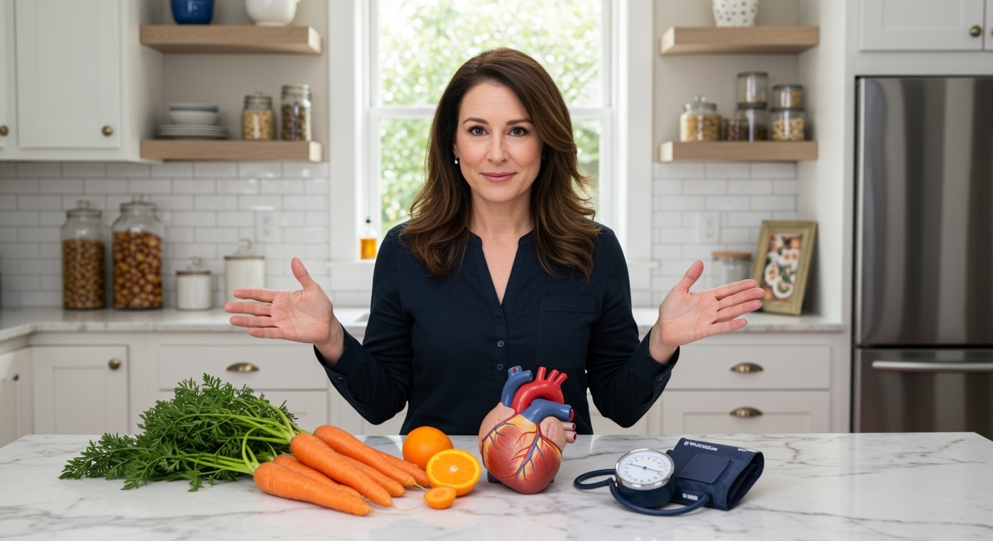 Woman standing behind marble counter with fresh carrots, heart model, and blood pressure monitor in bright modern kitchen