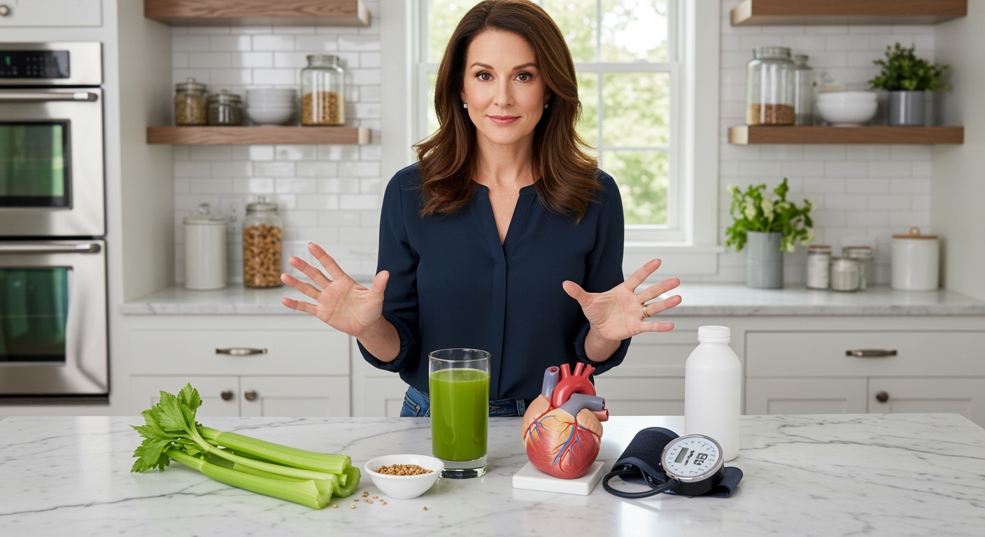 Middle-aged woman standing behind marble counter with celery juice, fresh celery stalks, heart model, and blood pressure monitor