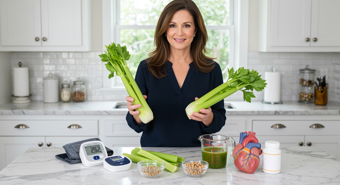 Woman holding celery stalks behind marble counter with blood pressure monitor, celery juice, and heart model in modern kitchen