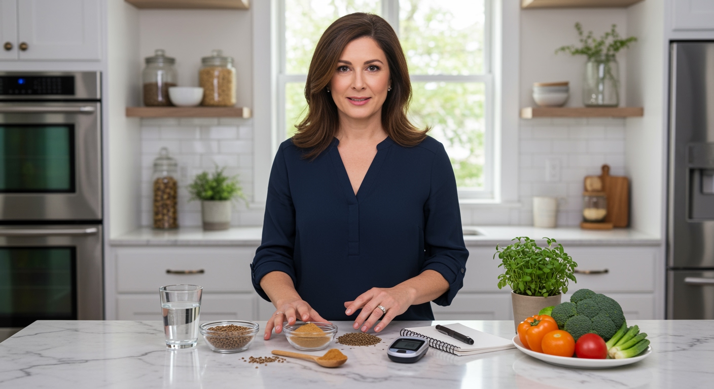 Woman standing behind marble counter with cumin seeds, health monitoring tools, and fresh vegetables in bright modern kitchen