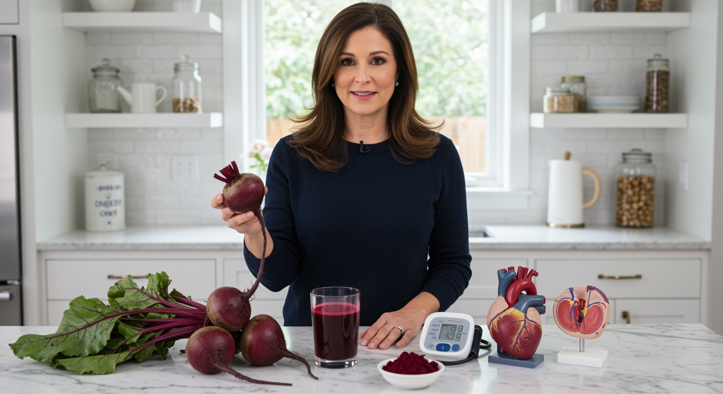 Woman holding beetroot behind marble counter with blood pressure monitor, beet juice, and heart model in modern kitchen