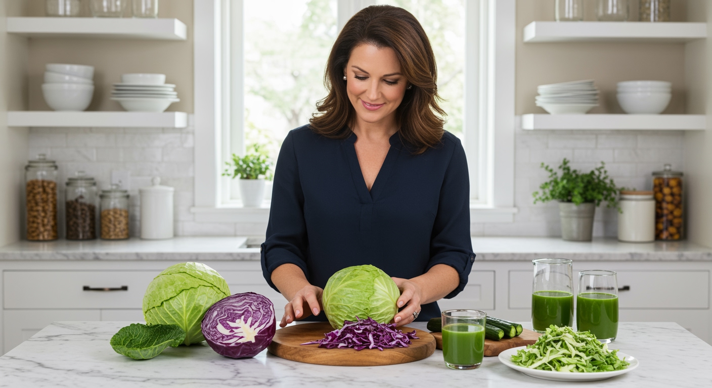 Middle-aged woman standing behind marble counter with fresh green and purple cabbage varieties and prepared cabbage dishes
