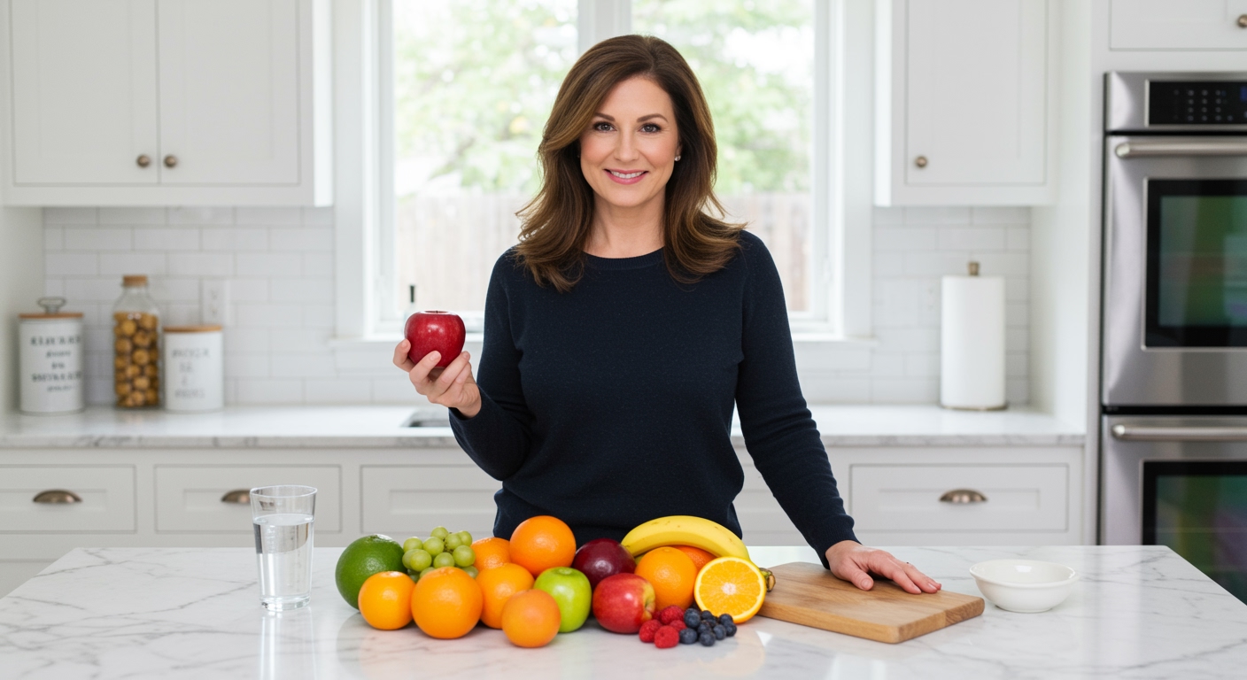 Woman holding red apple behind marble counter with colorful fresh fruits arranged in modern kitchen setting
