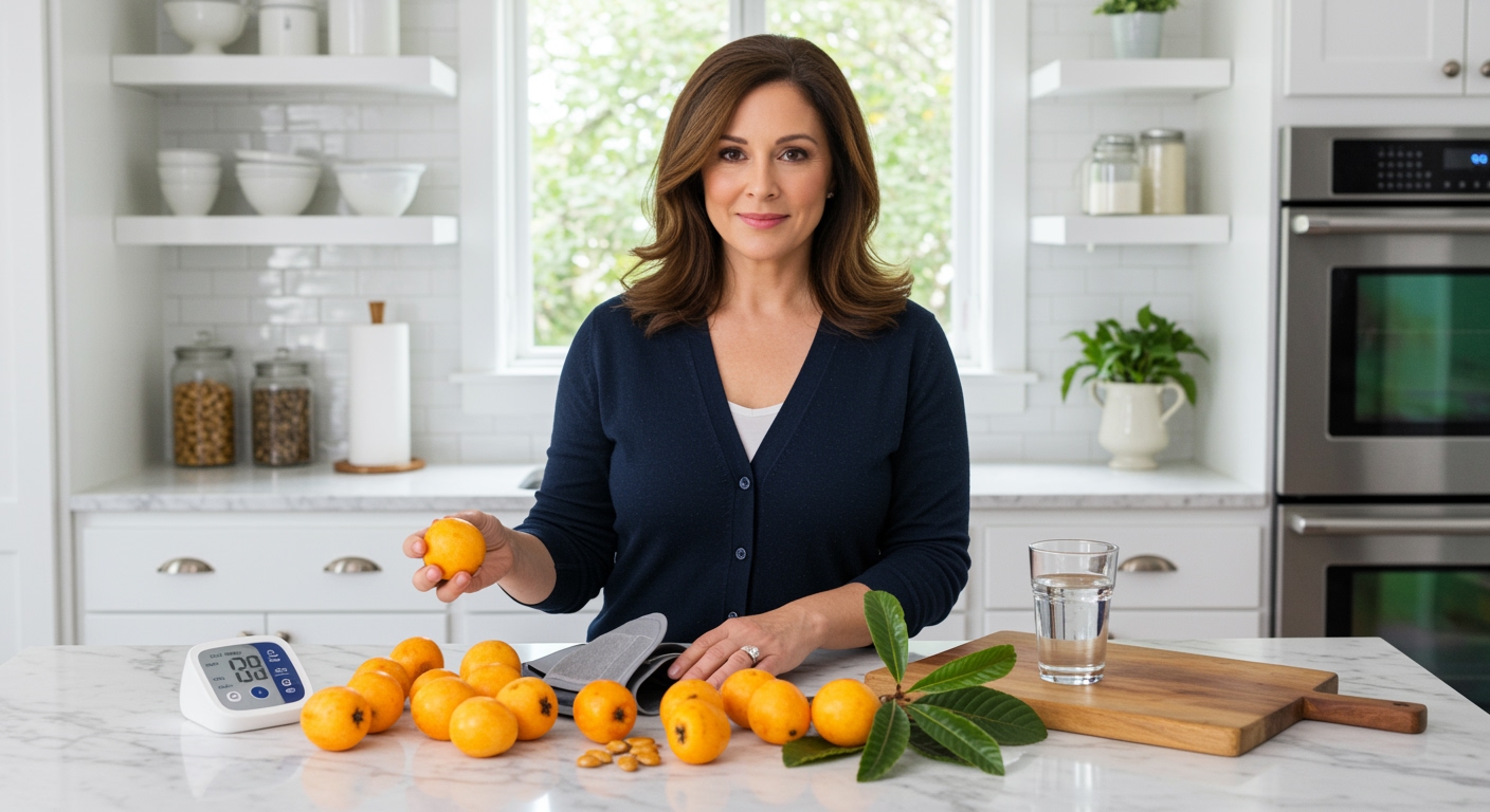 Middle-aged woman holding loquat fruits behind marble counter with blood pressure monitor and health items in modern kitchen