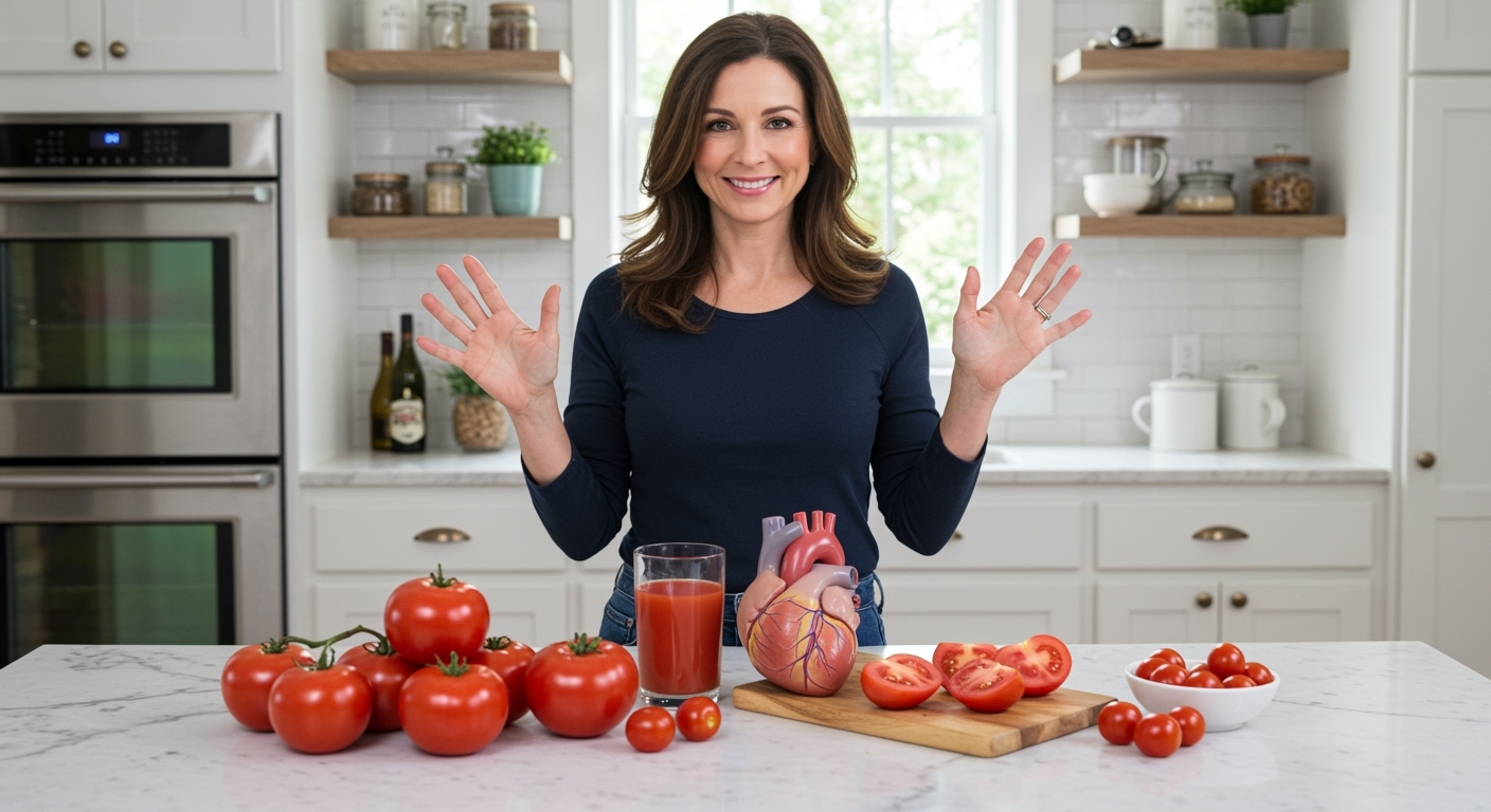 Woman standing behind marble counter with fresh tomatoes, tomato juice, sliced tomatoes, and heart model in bright modern kitchen.