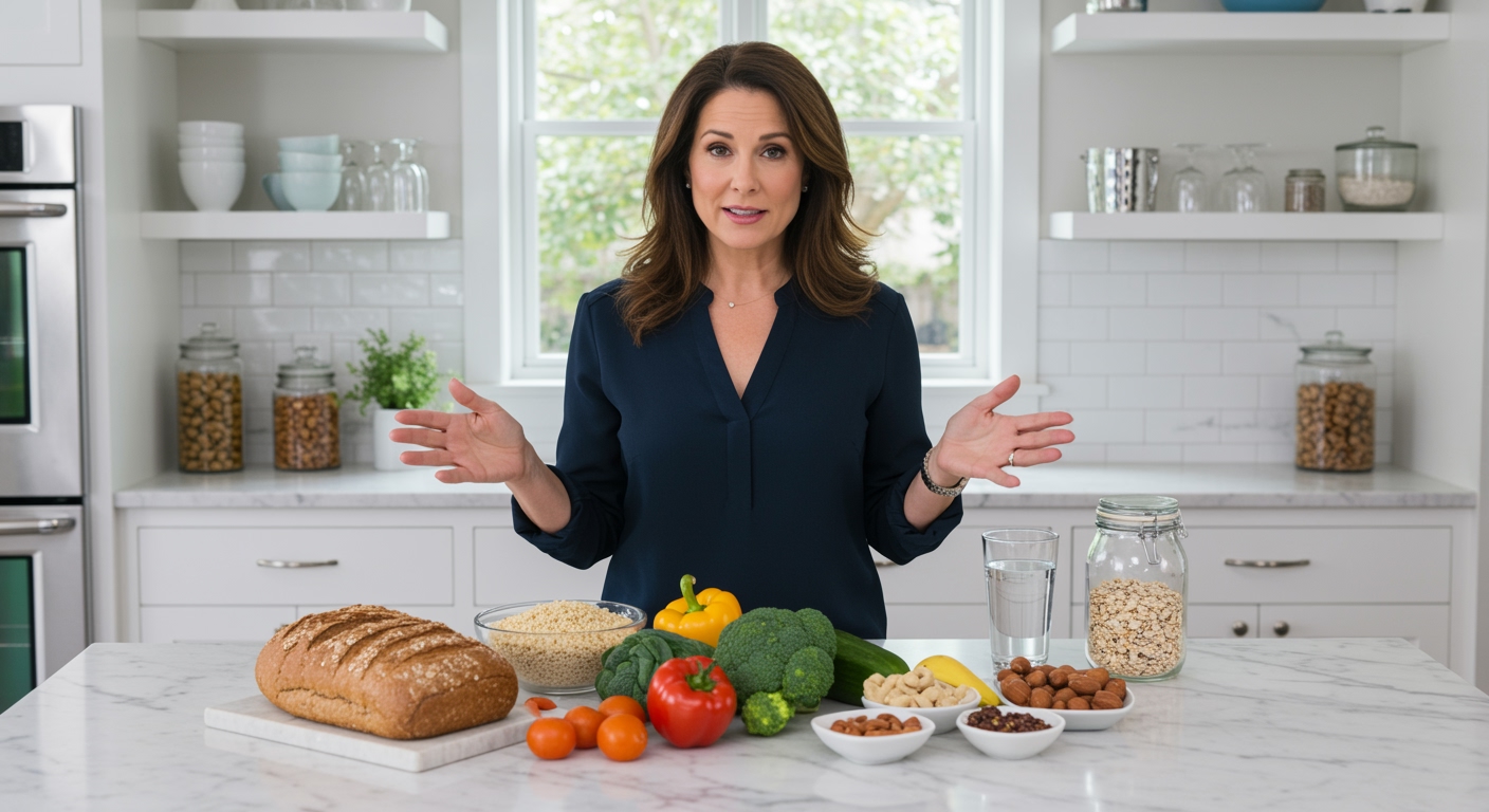 Woman standing behind marble countertop displaying various gluten-free and regular foods in modern bright kitchen