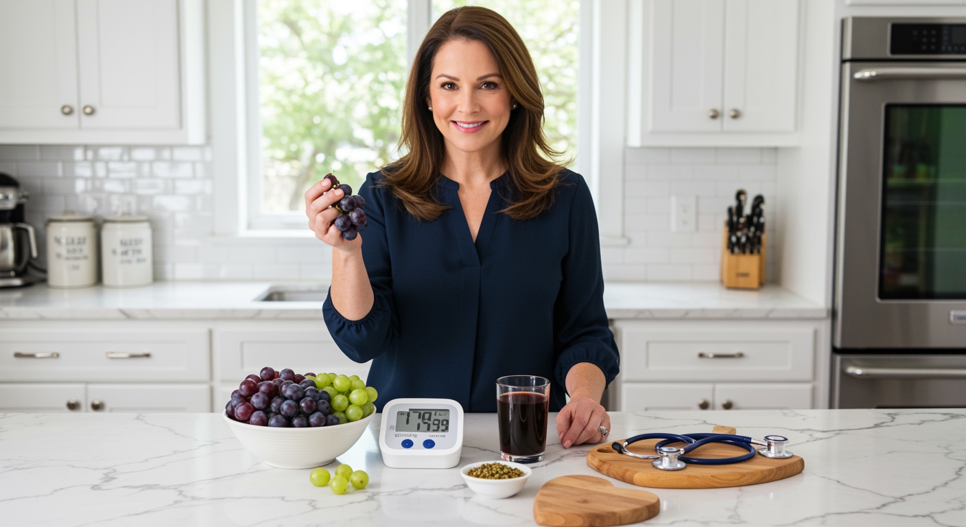 Woman holding purple grapes standing behind marble counter with blood pressure monitor and heart health items in modern kitchen