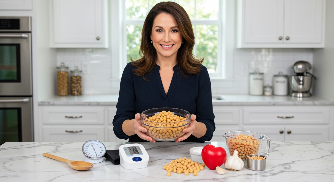 Woman holding bowl of cooked garbanzo beans with blood pressure monitor and heart symbol on marble countertop in modern kitchen