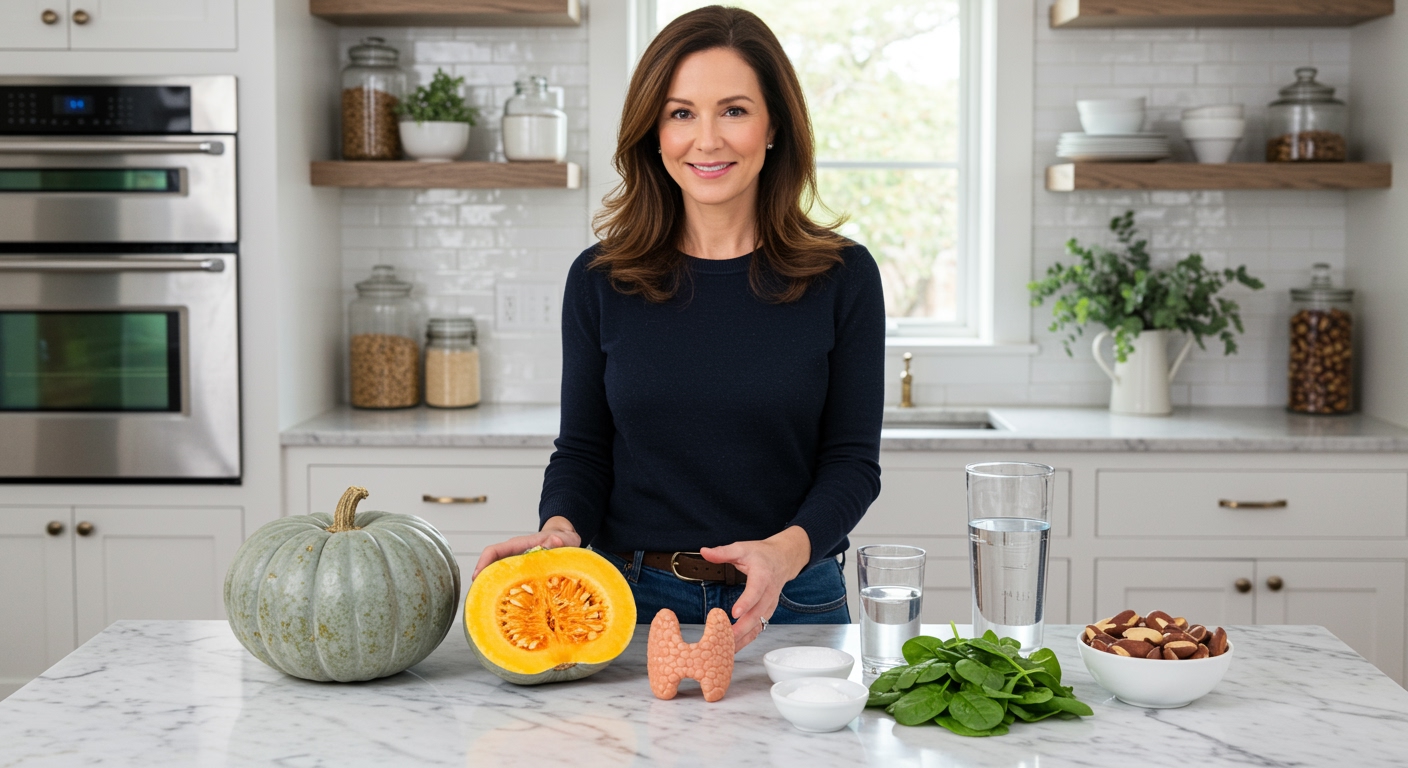 Woman holding halved Hubbard squash behind marble counter with whole squash, thyroid model, spinach, nuts, and water visible