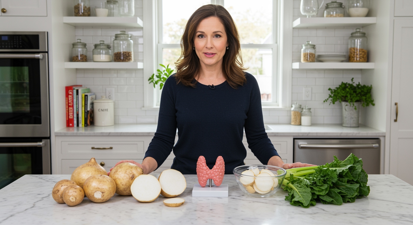 Woman standing behind marble counter with whole and sliced jicama, thyroid gland model, and vegetables in bright modern kitchen