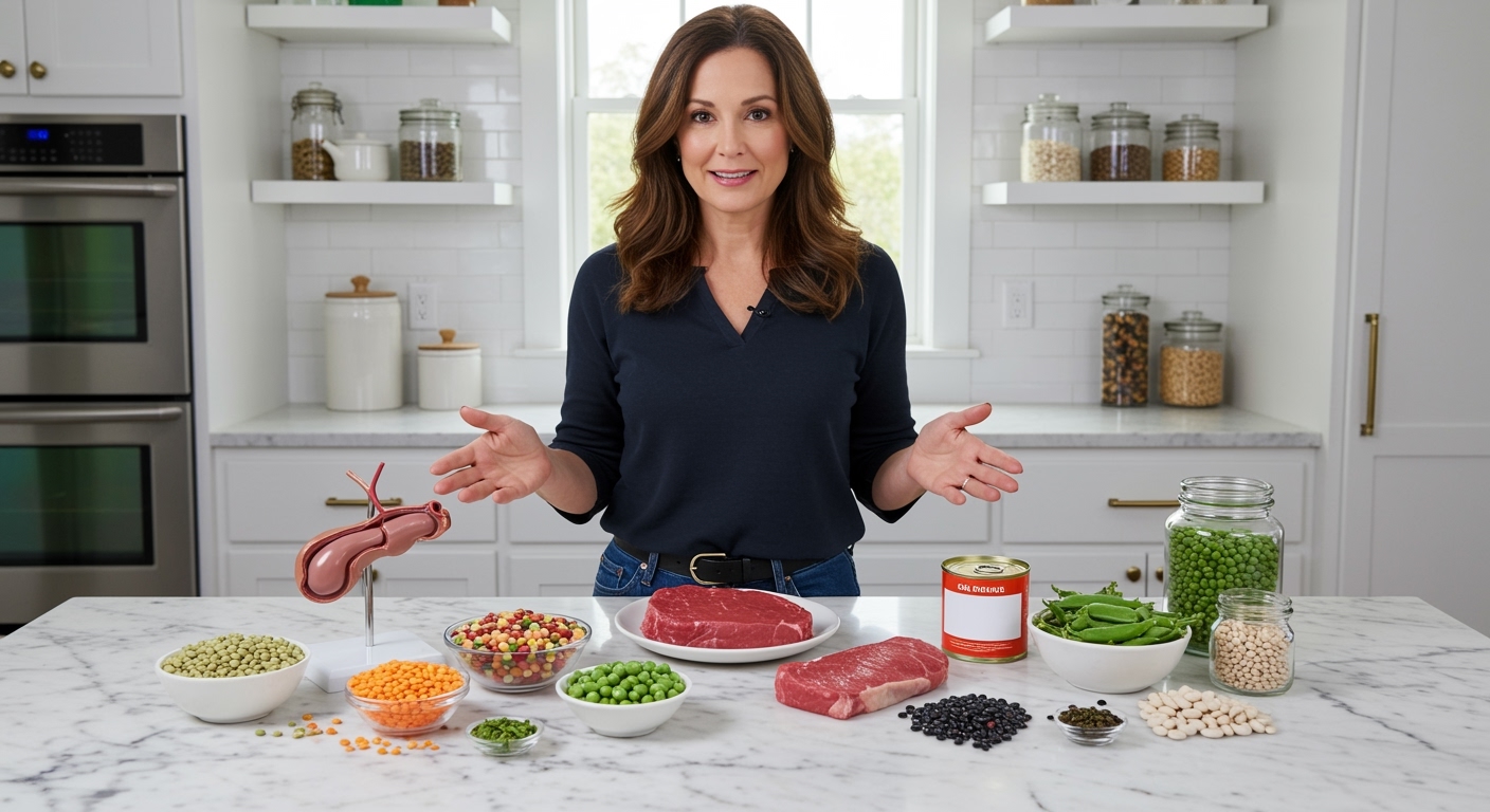 Woman standing behind marble counter gesturing toward gallbladder model, legumes, and red meat in bright modern kitchen