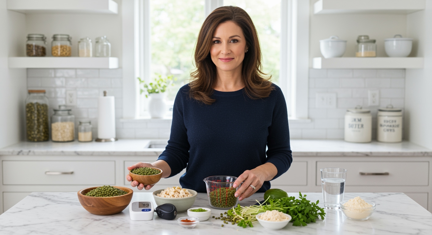 Middle-aged woman holding bowl of mung beans behind marble counter with blood pressure monitor and healthy ingredients visible