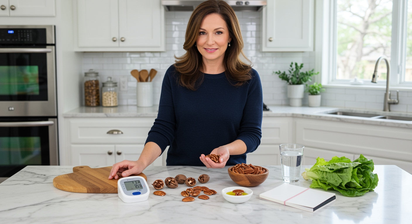 Woman holding pecans behind marble counter with blood pressure monitor and heart-healthy foods in modern kitchen