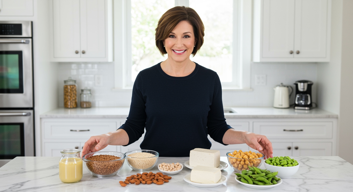 Middle-aged woman arranging plant protein foods including lentils, quinoa, almonds, tofu, and chickpeas on marble countertop
