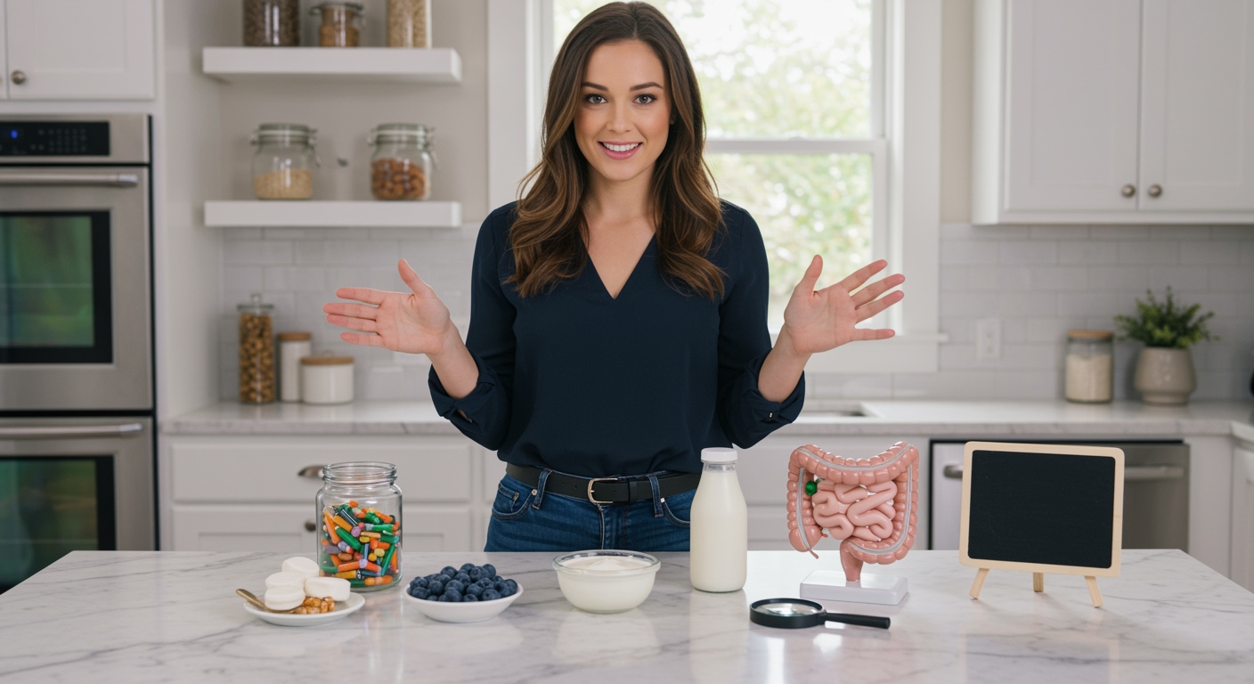 Woman standing behind marble counter displaying probiotic capsules, yogurt, and gut health foods in bright modern kitchen