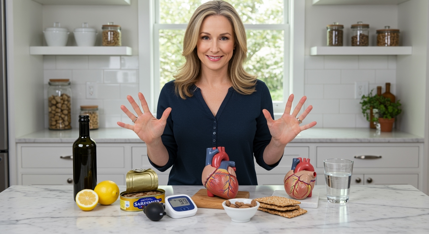 Woman standing behind marble counter with sardines, blood pressure monitor, lemon, olive oil, crackers, water, and heart model