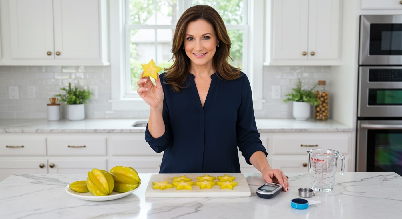 Woman holding starfruit behind marble counter with sliced fruit pieces, glucose meter, and kitchen items in bright modern kitchen