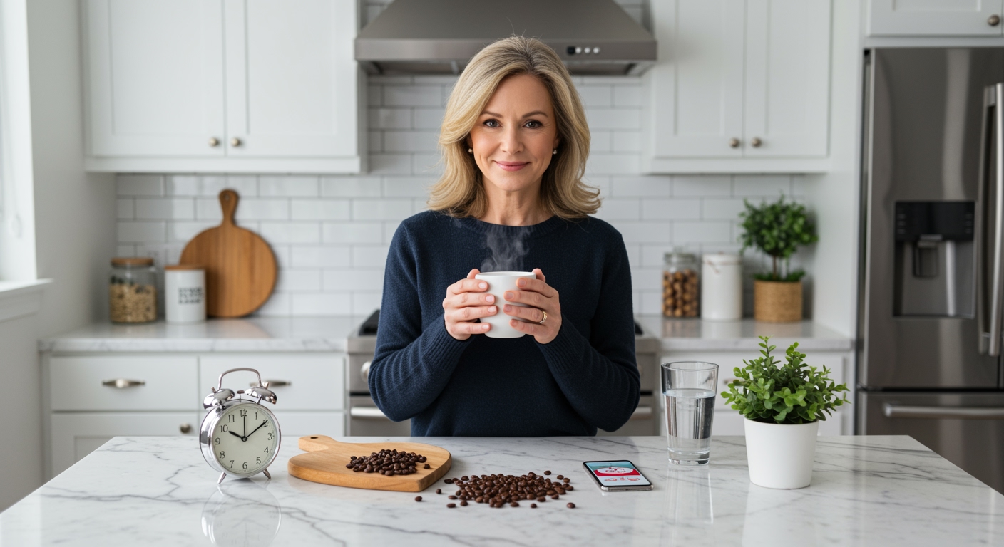 Woman holding coffee mug behind marble counter with clock, heart board, coffee beans, and health items in bright kitchen