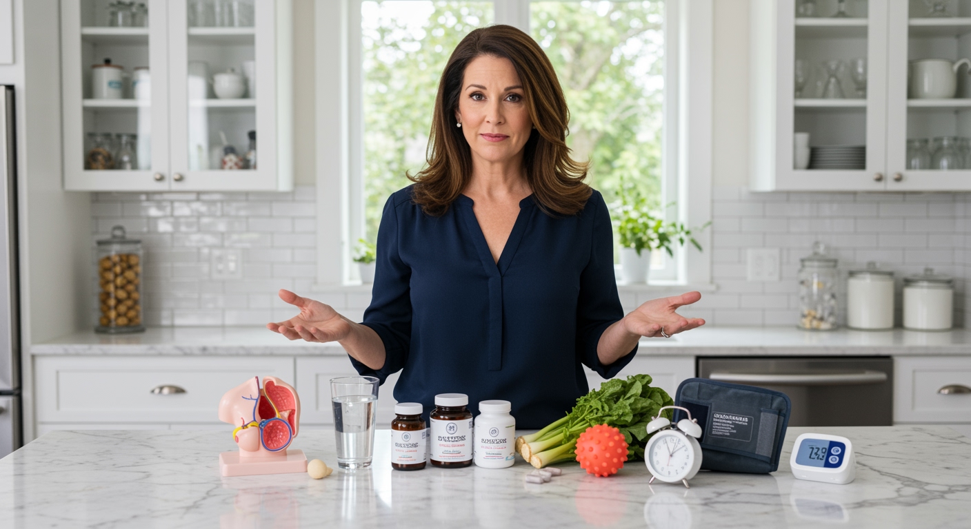 Woman standing behind marble counter with adrenal gland model, supplement bottles, and health items in bright modern kitchen