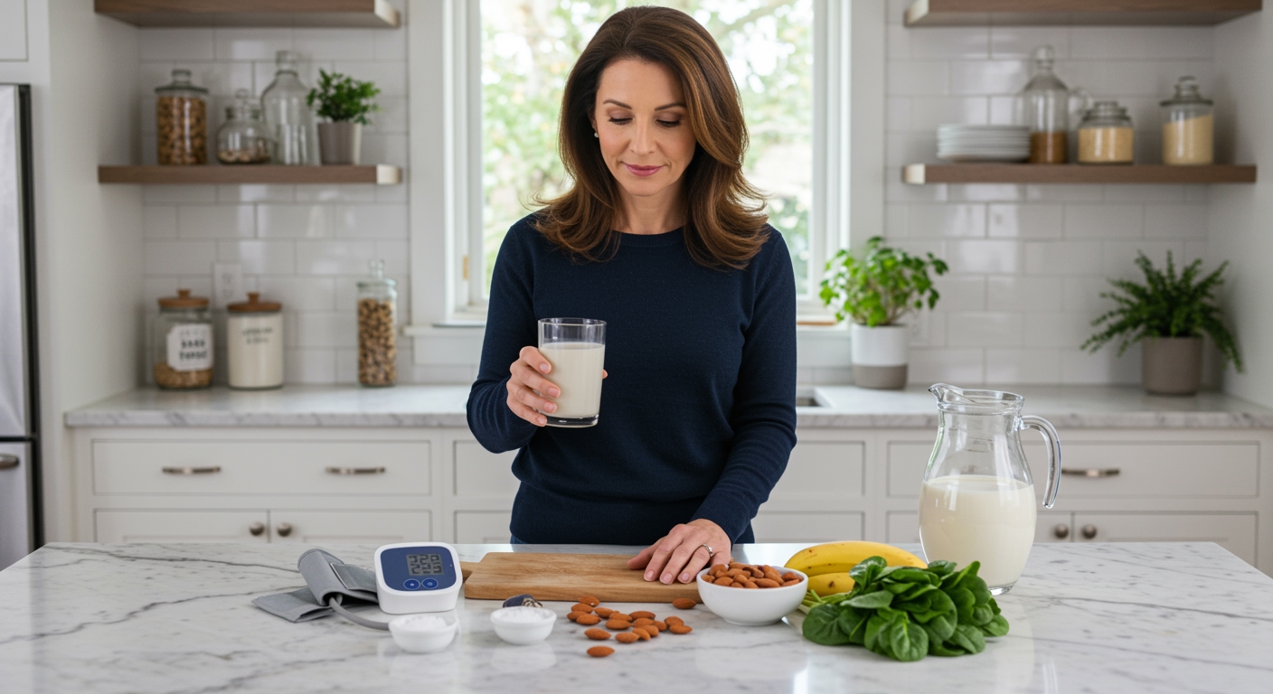 Woman holding glass of almond milk behind marble counter with blood pressure monitor, almonds, and healthy foods in bright kitchen