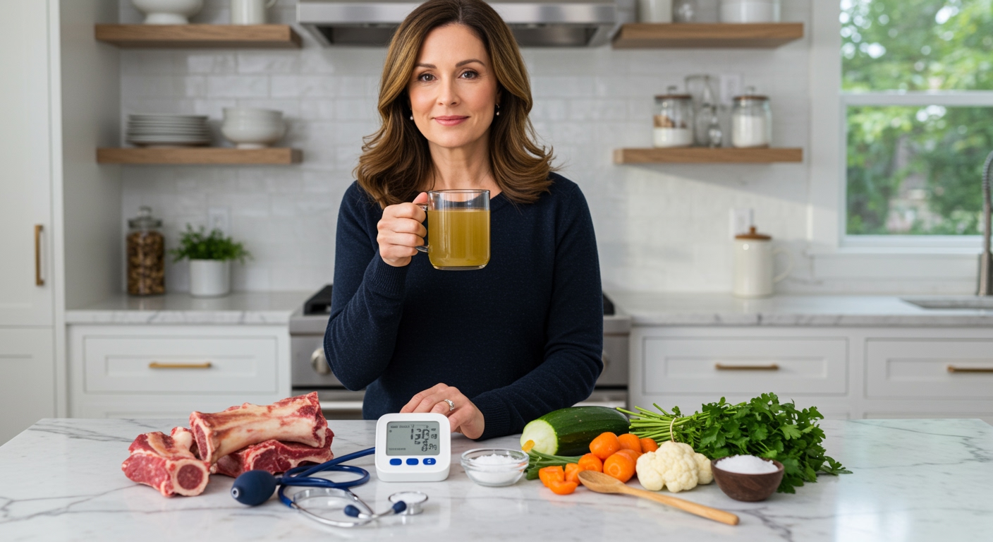 Woman holding bone broth mug next to blood pressure monitor on marble counter with bones and vegetables in modern kitchen