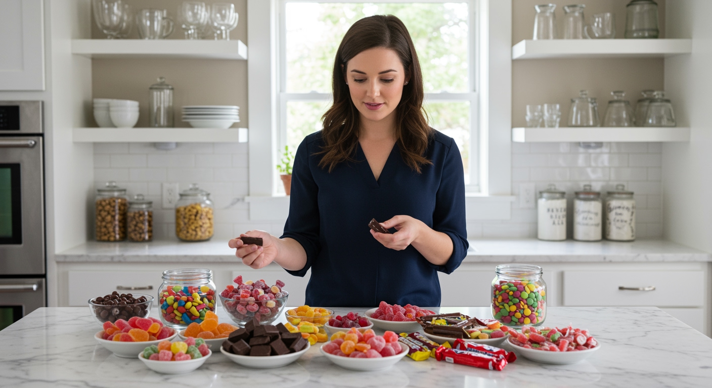 Woman examining various colorful candies on white marble countertop in bright modern kitchen with natural lighting
