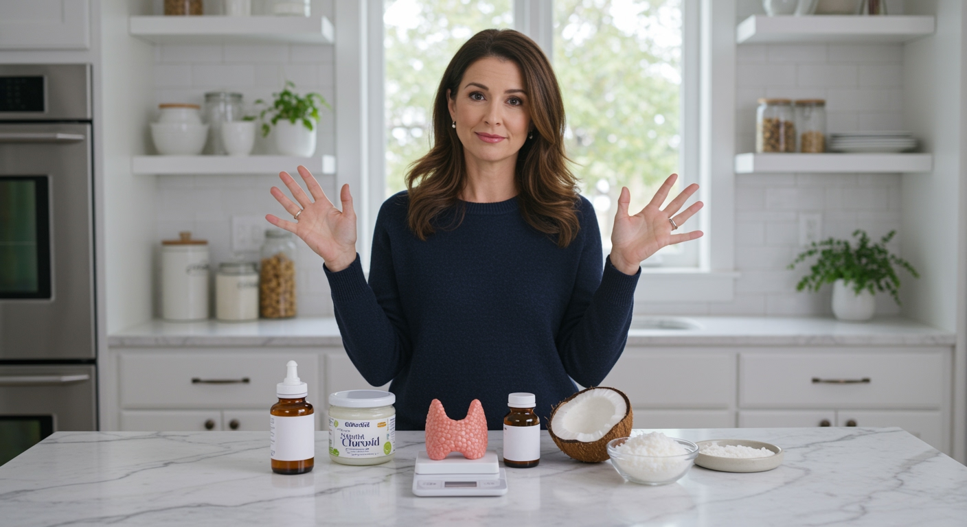 Woman holding coconut oil jar with thyroid model and coconut products on marble countertop in bright modern kitchen
