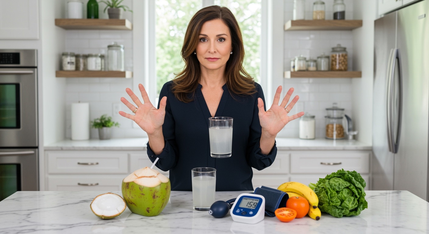 Woman holding coconut water glass with blood pressure monitor and health foods on marble kitchen counter
