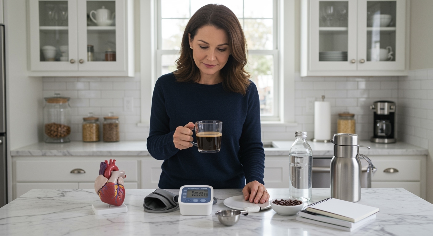 Woman holding coffee mug standing behind marble counter with blood pressure monitor, heart model, and coffee beans visible in kitchen
