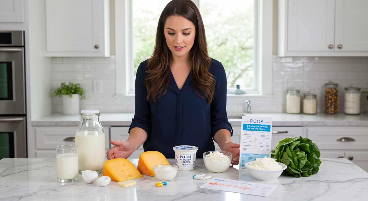 Woman standing behind marble counter examining dairy products including milk, cheese, and yogurt with supplements and health chart