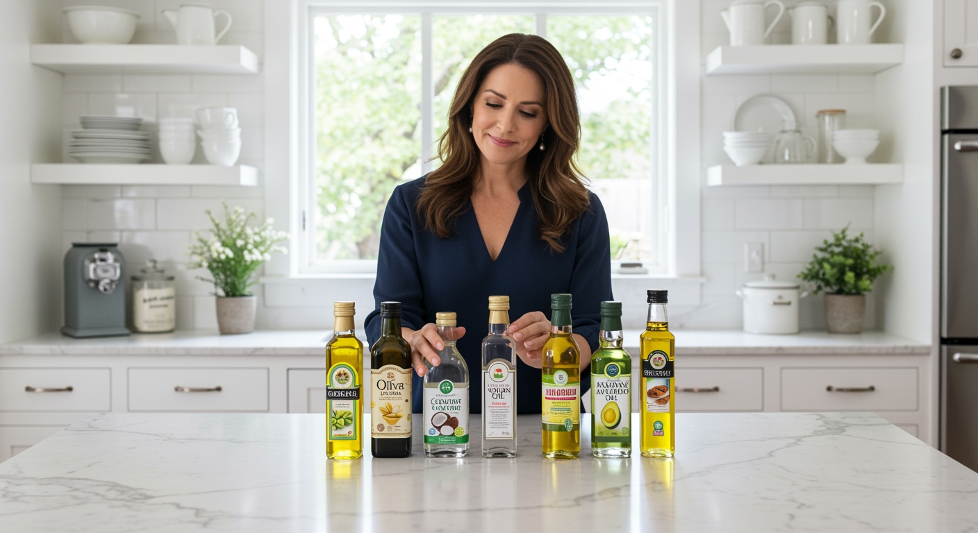 Middle-aged woman examining various cooking oil bottles on white marble countertop in bright modern kitchen setting