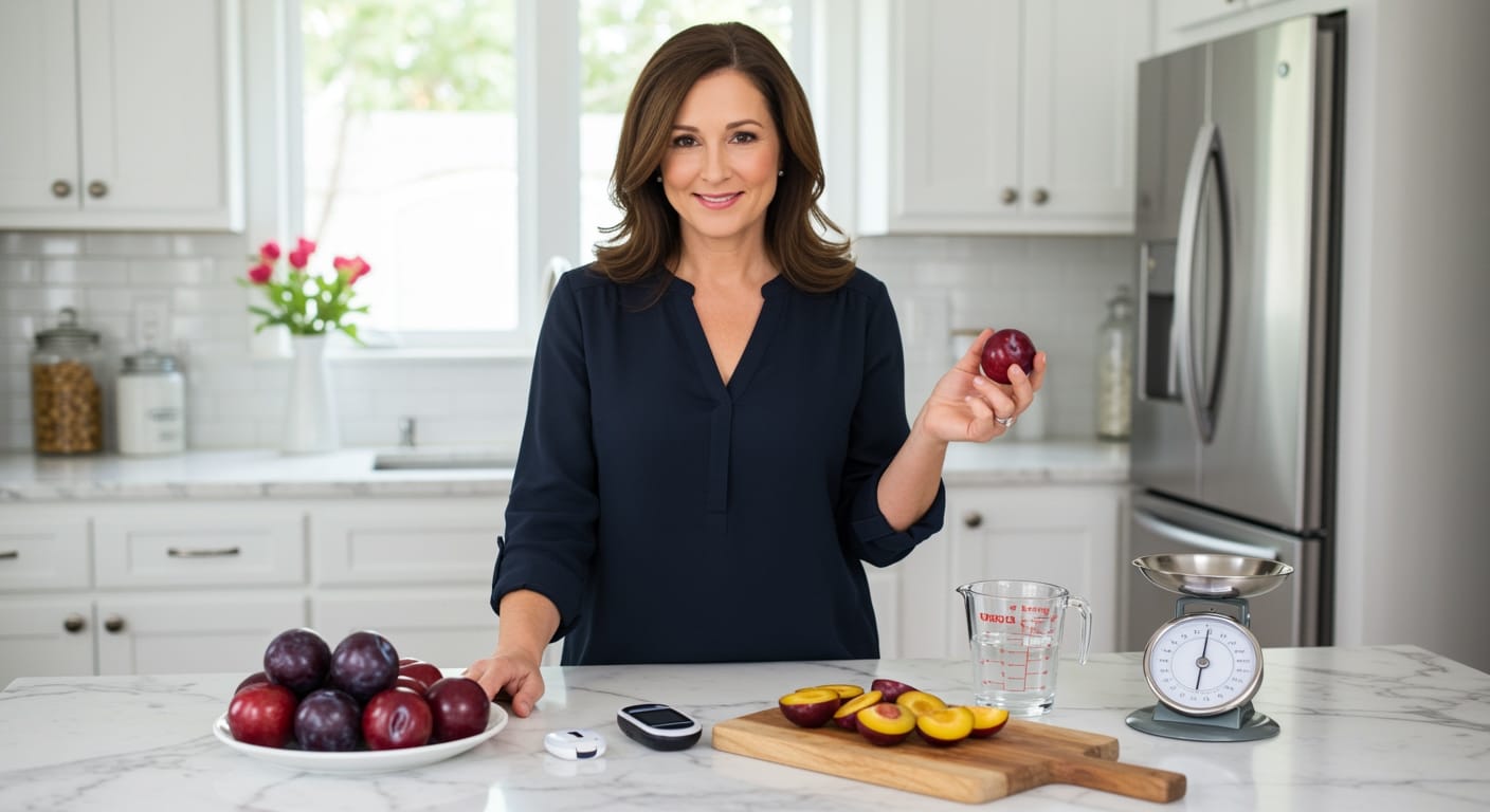 Middle-aged woman holding purple plum behind marble counter with glucose meter and fresh fruit in modern kitchen setting