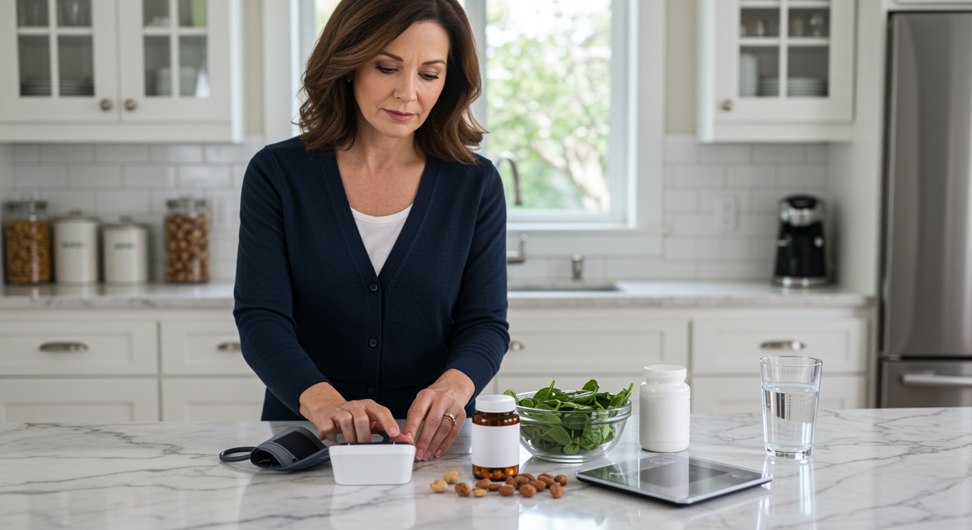 Woman standing behind marble counter examining blood pressure monitor and supplements in bright modern kitchen setting