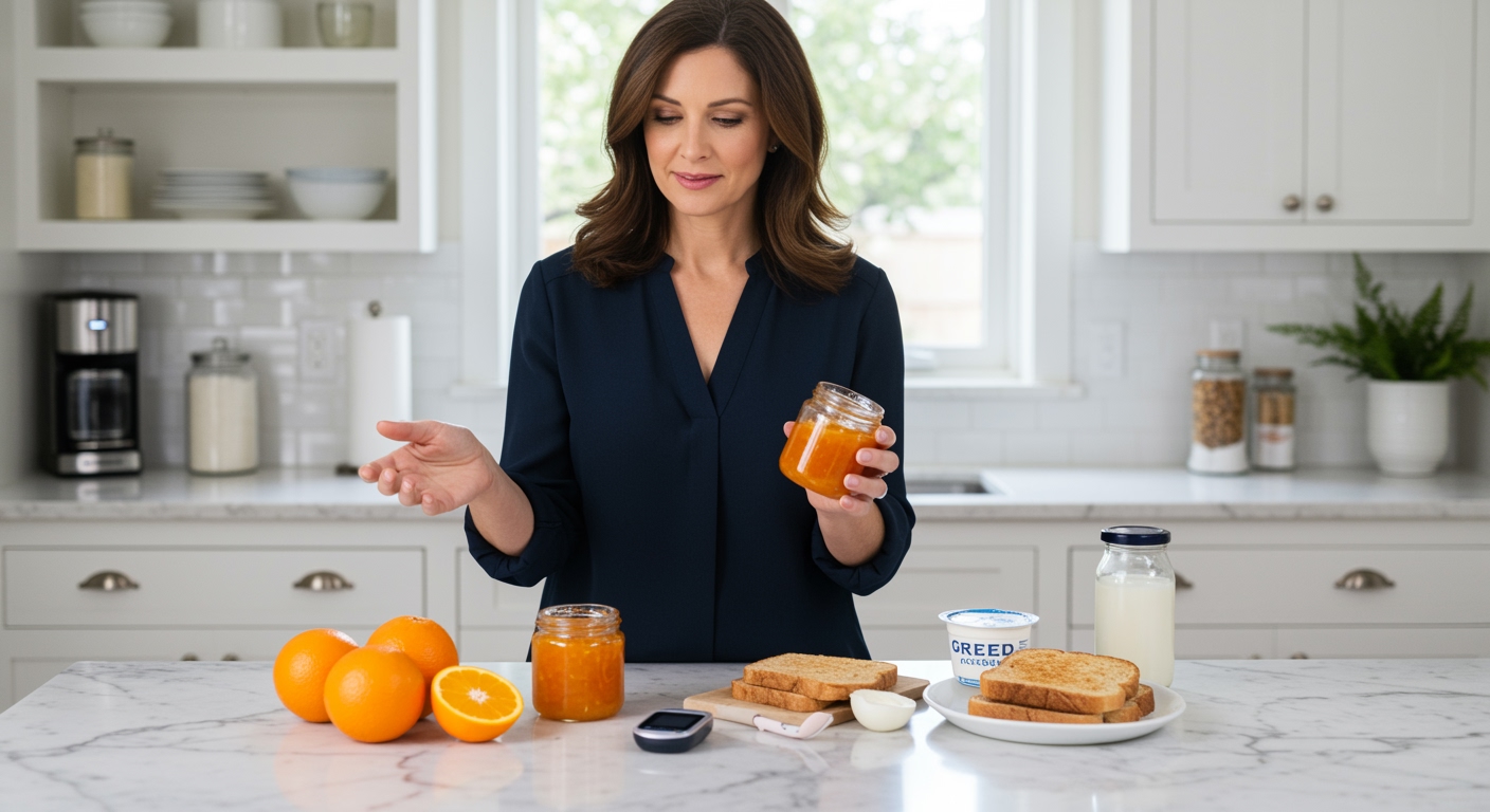 Woman holding marmalade jar behind marble counter with oranges, glucose monitor, toast, and yogurt in bright modern kitchen
