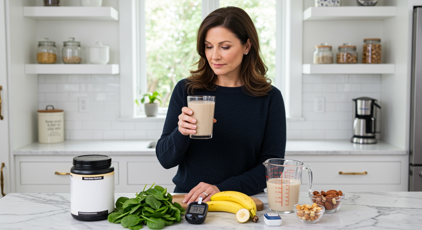 Middle-aged woman holding meal replacement shake while standing behind kitchen counter with blood glucose meter and ingredients