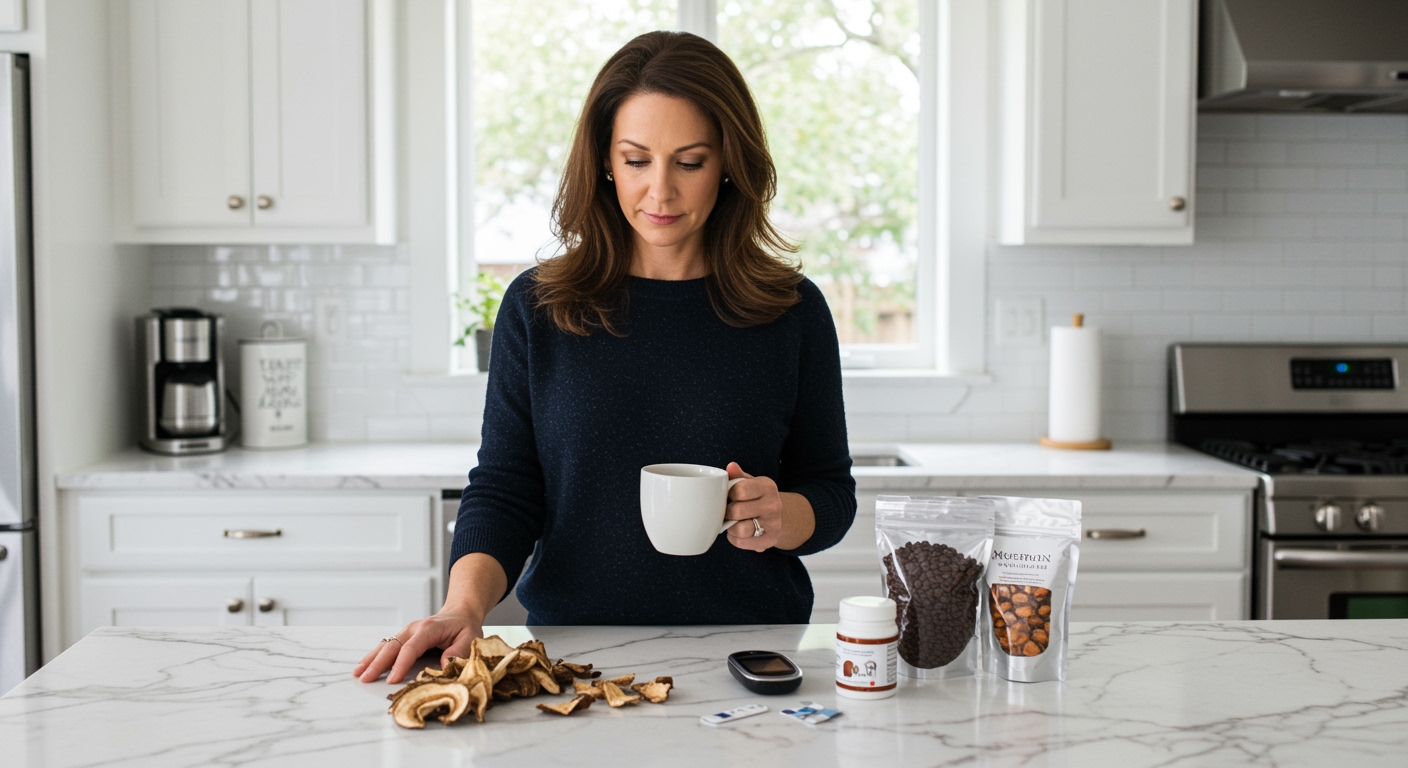 Woman holding coffee mug standing behind marble counter with mushrooms, coffee beans, and glucose meter in modern kitchen